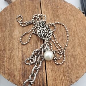 Elegant Silver Tone Pendant Necklace with Faux Pearl Accent 32 Inch N3839